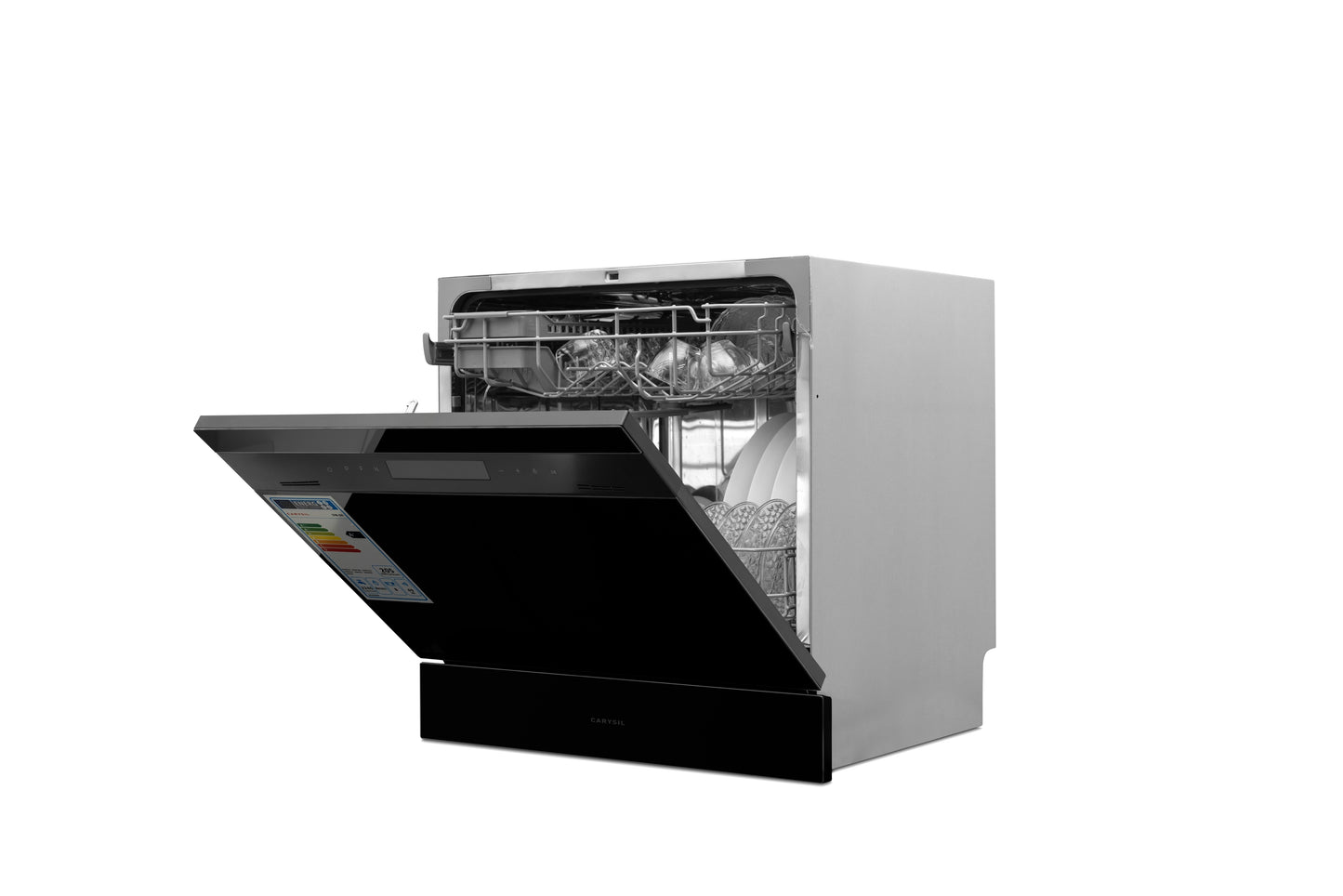 Carysil Free Standing Dishwasher DW-04, A+ Energy Class, 8 Place Setting, 6 Wash Programs, Electronic Control Display, Water Consumption 8Ltr/cycle, 49 dBA Low Noise Operation, Detergent Automation Sensor, Stainless Steel
