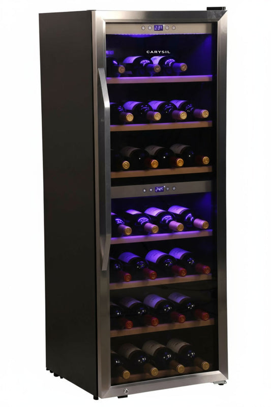 Carysil 120-Bottle Wine Chiller, Free Standing, Dual Cooling Zone (3°C-12°C White Wine & 12°C-20°C Red Wine), Adjustable Wooden Shelves with Toughened Glass Door, LED Display, Ideal for Home