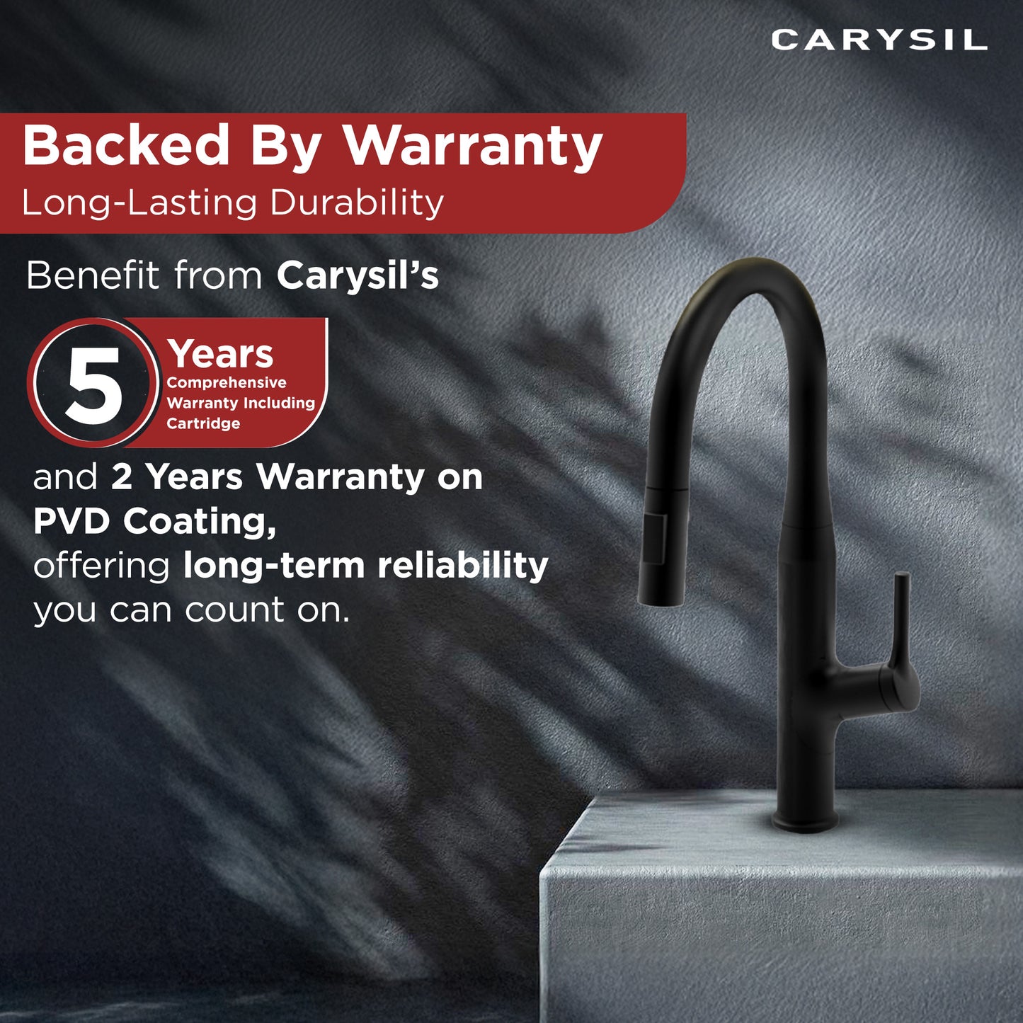 Carysil Alpha 1512 Modern Kitchen Faucet with Pull-Out Spray, High Arc with 360-Degree Swivel, Single-Lever Handle for Hot/Cold Water, Matt Black Finish, 5-Year Warranty