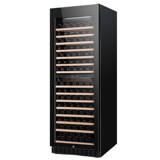 Carysil 165-Bottle Wine Chiller, Free Standing, Dual Cooling Zone (5°C-12°C White Wine & 12°C-20°C Red Wine), Adjustable Wooden Shelves with Toughened Glass Door, LED Display