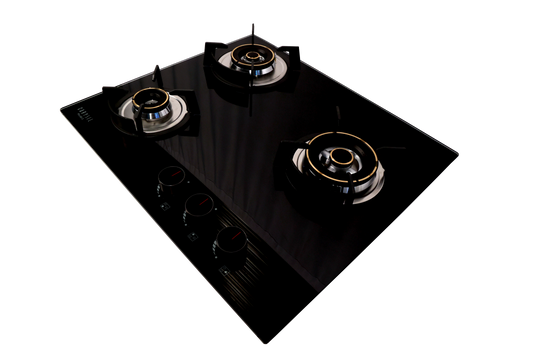 Carysil Pro 60cm Built-in Glass Hob, 3 Brass Burners, Round Cast Iron Pan Support, Battery Ignition, Metal Knob, 8mm Black Tempered Glass, Stainless Steel