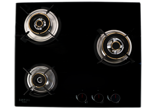 Carysil Pro 60cm Built-in Glass Hob, 3 Brass Burners, Round Cast Iron Pan Support, Battery Ignition, Metal Knob, 8mm Black Tempered Glass, Stainless Steel