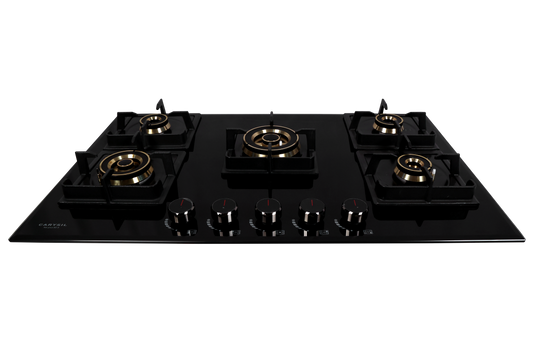 Carysil Tek Plus 90cm Built-in Hob, 5 Brass Burner, Square Cast Iron Pan Support, Flame Failure Device, Battery Ignition, Designer Metal Knob, 8mm Black Tempered Glass, Stainless Steel