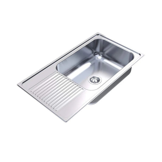 Carysil Vogue Series Single Bowl Kitchen Sink with Drain Board, Stainless Steel Kitchen Sink, 304 Stainless Steel Coupling, Easy to Clean, Deep Bowl with Sloping Drain, 36x20x8 inches, Glossy Finish