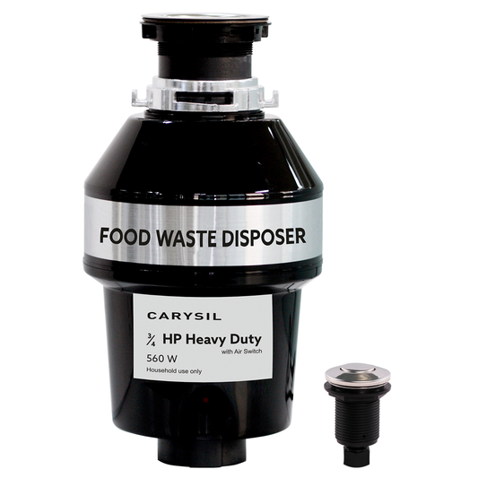 Carysil Food Waste Disposer for Home Sink, 3/4 HP Heavy Duty with Air Switch, Ideal for 8-12 Person Family, Powerful 2500 RPM DC Motor with Low Noise, Corrosion-Proof & Stainless Steel Grinding Components, Fits Under The Kitchen Sink, Black
