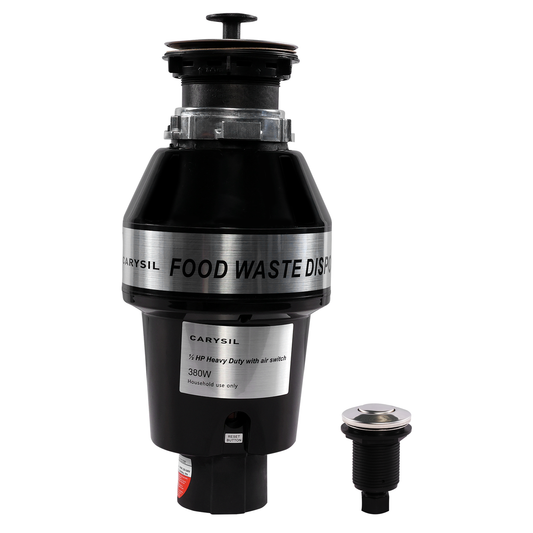 Carysil Food Waste Disposer for Home Sink, 1/2 HP Heavy Duty with Air Switch, Ideal for 5-7 Person Family, Powerful 2500 RPM DC Motor with Low Noise, Corrosion-Proof & Stainless Steel Grinding Components, Fits Under The Kitchen Sink, Black