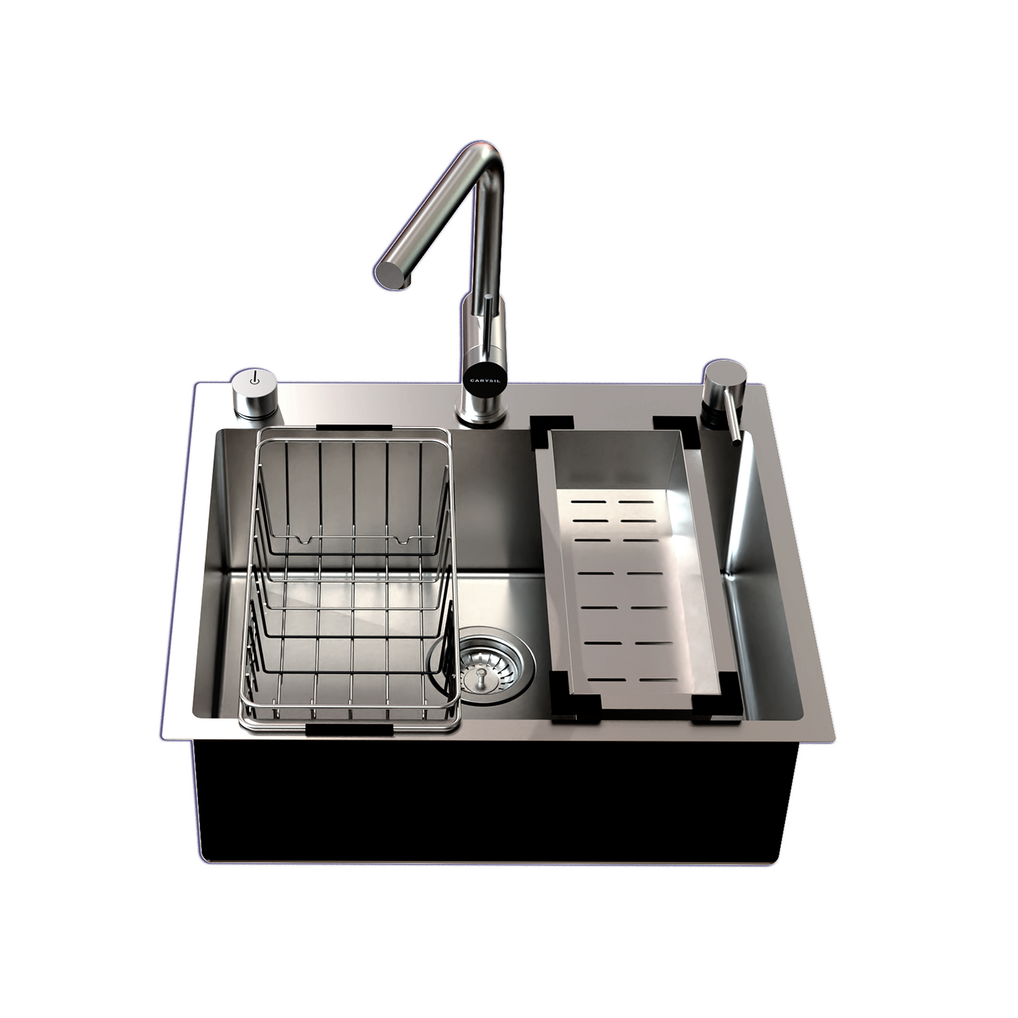 Carysil All-in-one Workstation Sink, 304 Stainless Steel Kitchen Sink with Pull-out Faucet, Soap Dispenser, Chopping Board, Flexible Basket, Colander, 22x20x8 inches, Chrome