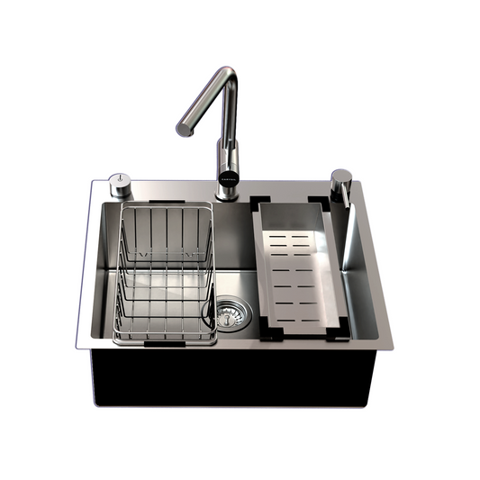 Carysil All-in-one Workstation Sink, 304 Stainless Steel Kitchen Sink with Pull-out Faucet, Soap Dispenser, Chopping Board, Flexible Basket, Colander, 22x20x8 inches, Chrome