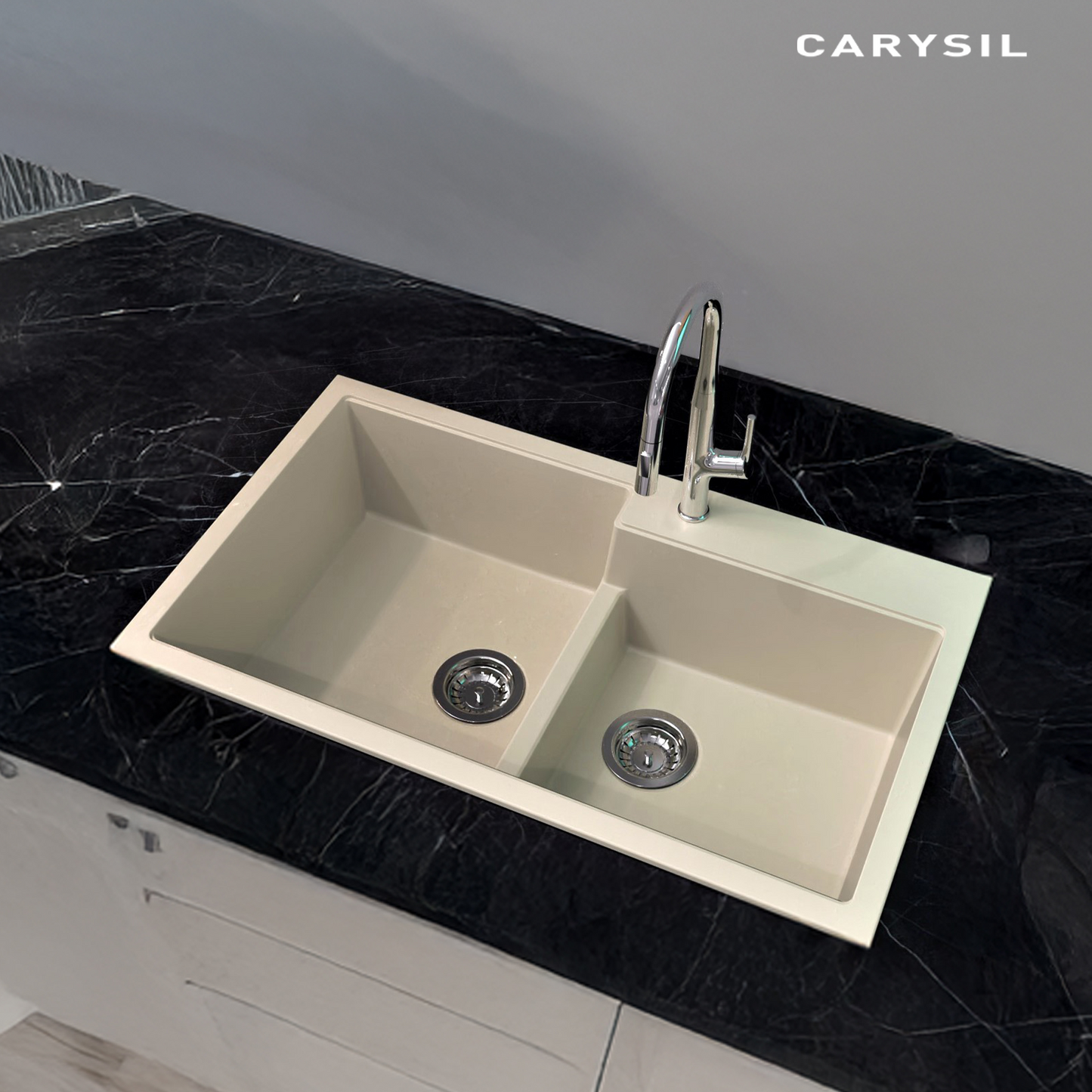 Carysil Quartz Tip Toe N 200 Double Bowl Kitchen Sink, Real Stone Finish, 304 Stainless Steel Coupling, Kitchen Sink with Sloping Drain, Noise Reduction Design, 34x20x8 inches, Cream