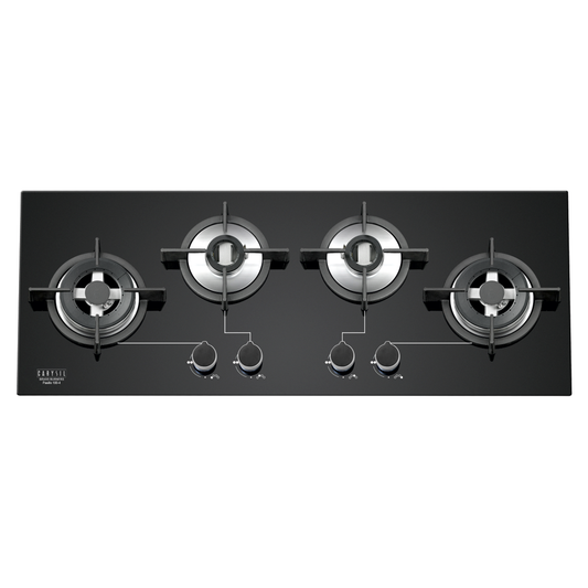 Carysil Passilo 100cm Built-in Hob, 4 Brass Burners, Round Cast Iron Pan Support, Electric Ignition, Metal Knob, 8mm Black Toughened Glass, Stainless Steel