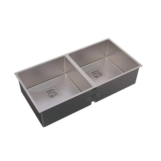 Carysil Micro Radius R10 Series Double Bowl Kitchen Sink, Stainless Steel Kitchen Sink, 10mm Corner Radius, 304 Stainless Steel Coupling, Noise Reduction Design, Deep Bowl with Sloping Drain, 34x17x8 inches, Satin Finish