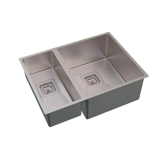 Carysil Micro Radius R10 Series Double Bowl Kitchen Sink, Stainless Steel Kitchen Sink, 10mm Corner Radius, 304 Stainless Steel Coupling, Noise Reduction Design, Deep Bowl with Sloping Drain, 23x17x8 inches, Satin Finish