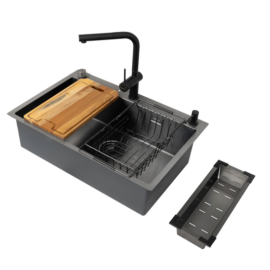 Carysil All-in-one Workstation Sink, 304 Stainless Steel Kitchen Sink with Pull-out Faucet, Soap Dispenser, Chopping Board, Flexible Basket, Colander, 30x20x8 inches, Gun Metal