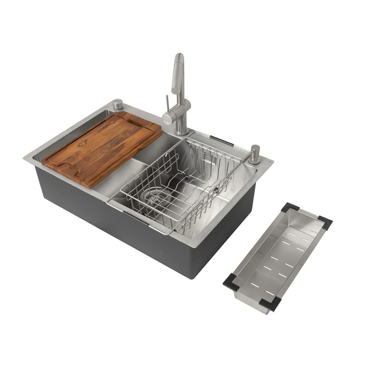 Carysil All-in-one Workstation Sink, 304 Stainless Steel Kitchen Sink with Pull-out Faucet, Soap Dispenser, Chopping Board, Flexible Basket, Colander, 30x20x8 inches, Chrome