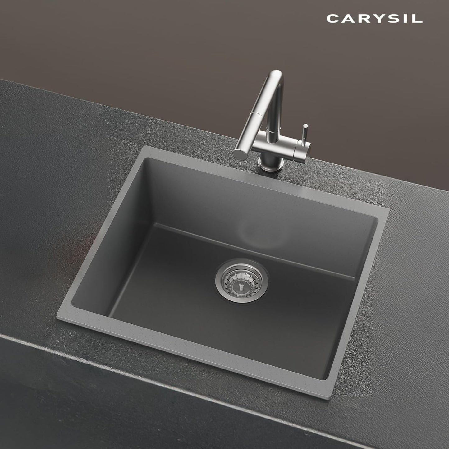Carysil Quartz Dolce UK Series Singe Bowl Kitchen Sink, Real Stone Finish, 304 Stainless Steel Coupling, Kitchen Sink with Sloping Drain, Noise Reduction Design, 21x18x8 inches, Whisper Grey