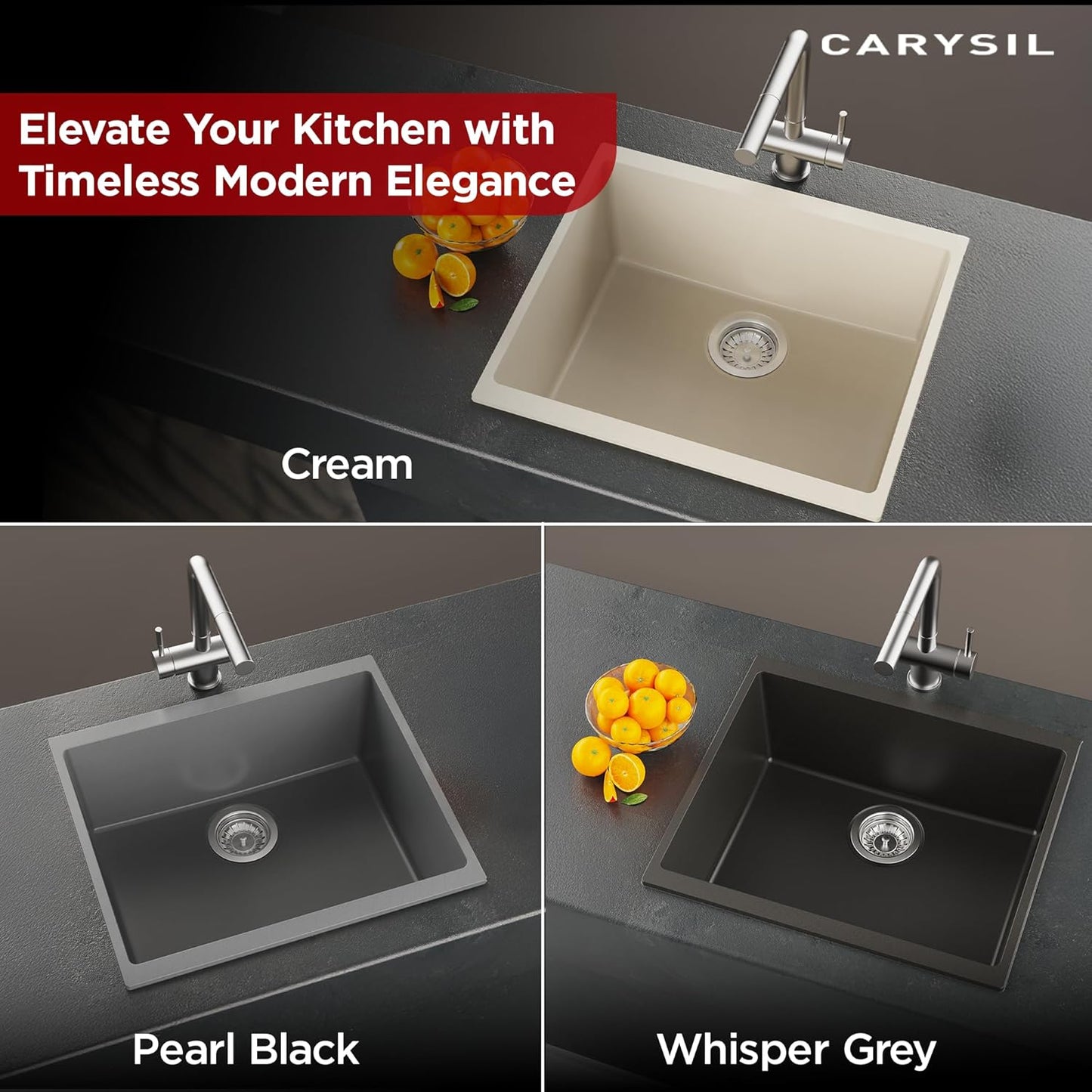 Carysil Quartz Dolce UK Series Singe Bowl Kitchen Sink, Real Stone Finish, 304 Stainless Steel Coupling, Kitchen Sink with Sloping Drain, Noise Reduction Design, 21x18x8 inches, Whisper Grey