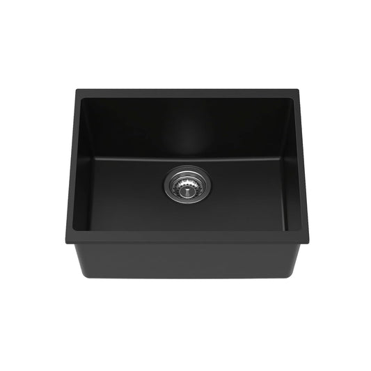 Carysil Quartz Dolce UK Series Single Bowl Kitchen Sink, Real Stone Finish, 304 Stainless Steel Coupling, Kitchen Sink with Sloping Drain, Noise Reduction Design, 21x18x8 inches, Pearl Black