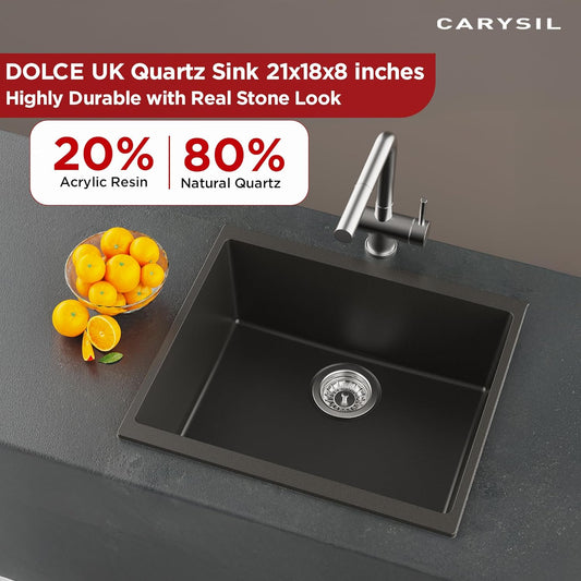 Carysil Quartz Dolce UK Series Single Bowl Kitchen Sink, Real Stone Finish, 304 Stainless Steel Coupling, Kitchen Sink with Sloping Drain, Noise Reduction Design, 21x18x8 inches, Pearl Black