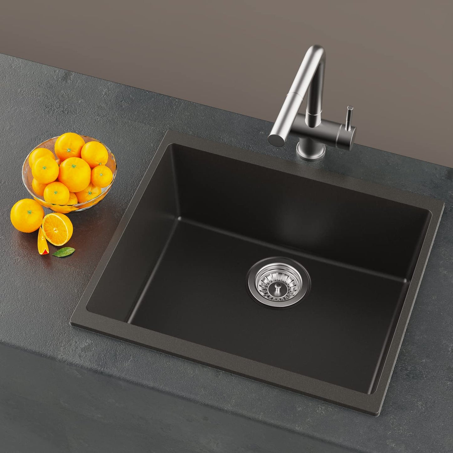 Carysil Quartz Dolce UK Series Single Bowl Kitchen Sink, Real Stone Finish, 304 Stainless Steel Coupling, Kitchen Sink with Sloping Drain, Noise Reduction Design, 21x18x8 inches, Pearl Black