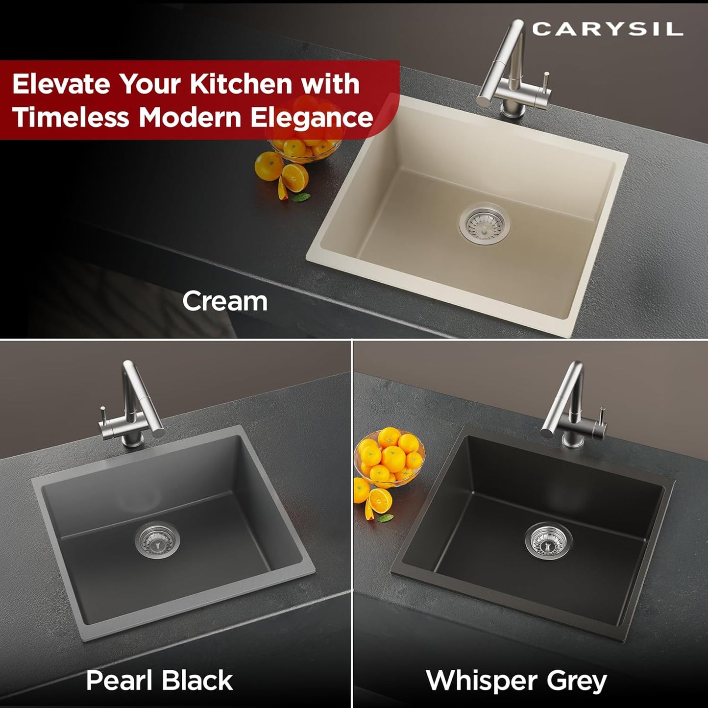 Carysil Quartz Dolce UK Series Single Bowl Kitchen Sink, Real Stone Finish, 304 Stainless Steel Coupling, Kitchen Sink with Sloping Drain, Noise Reduction Design, 21x18x8 inches, Cream