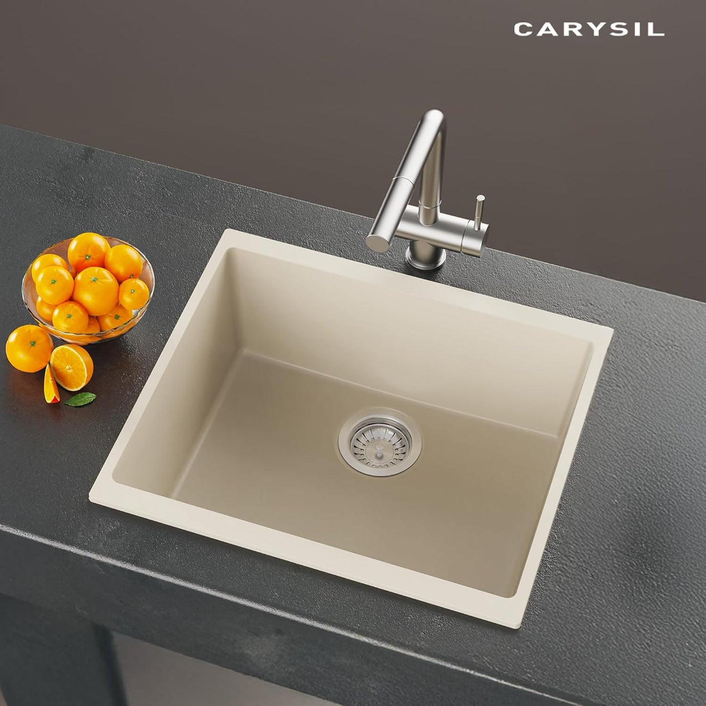 Carysil Quartz Dolce UK Series Single Bowl Kitchen Sink, Real Stone Finish, 304 Stainless Steel Coupling, Kitchen Sink with Sloping Drain, Noise Reduction Design, 21x18x8 inches, Cream