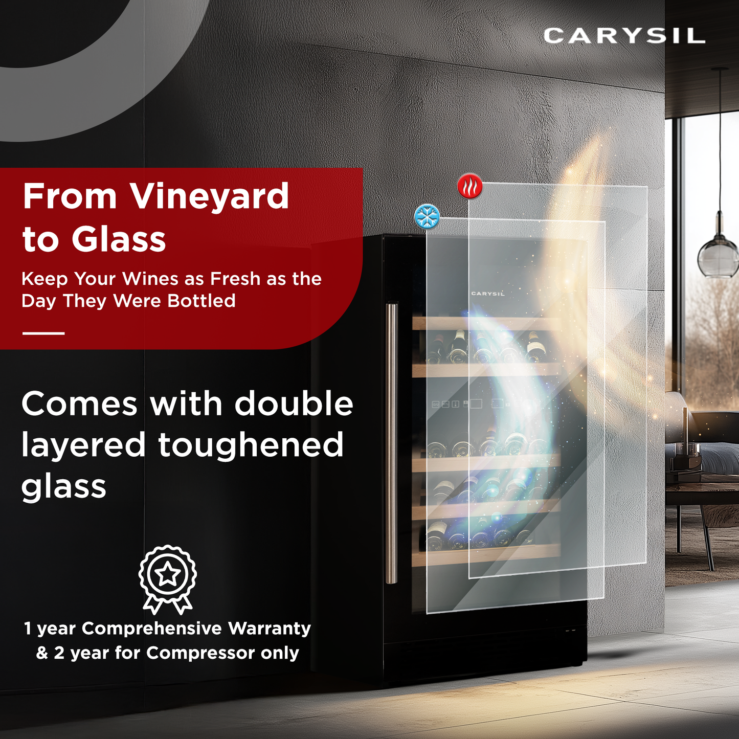 Carysil Wine Chiller, Stores up to 31 Bottles, Free Standing, Dual Cooling Zone (3°C-12°C White Wine & 12°C-20°C Red Wine), Adjustable Wooden Shelves with Toughened Glass Door, LED Display, Ideal for Home