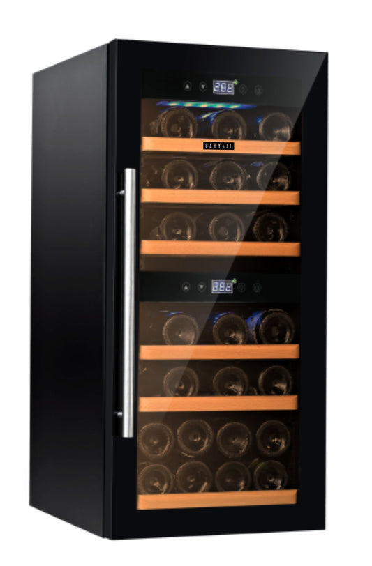 Carysil 24-Bottle Wine Chiller, Free Standing, Dual Cooling Zone (3°C-12°C White Wine & 12°C-20°C Red Wine), Adjustable Wooden Shelves with Toughened Glass Door, LED Display, Ideal for Home