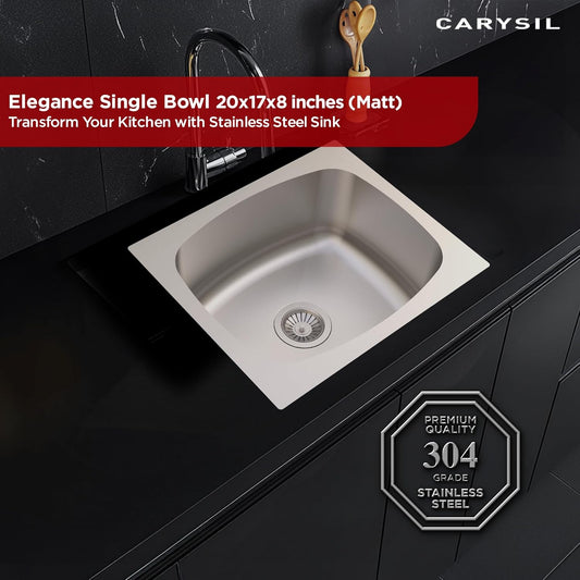 Carysil Elegance Series Single Bowl Kitchen Sink, Stainless Steel Kitchen Sink, 304 Stainless Steel Coupling, Noise Reduction Design, Deep Bowl with Sloping Drain, 20x17x8 inches, Matt Finish