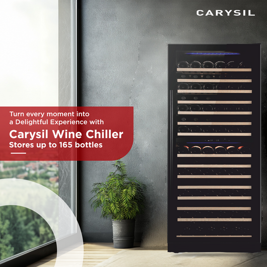 Carysil Wine Chiller, Stores up to 165 Bottles, Free Standing, Dual Cooling Zone (5°C-12°C White Wine & 12°C-20°C Red Wine), Adjustable Wooden Shelves with Toughened Glass Door, LED Display