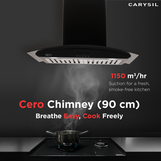 Carysil Cero 90 cm Kitchen Chimney, Curved Shape, 1150 m³/hr Suction Capacity, Baffle Filter, 3-Speed Push Button Control, Oil Collector, LED Lamp, 7-year Motor Warranty