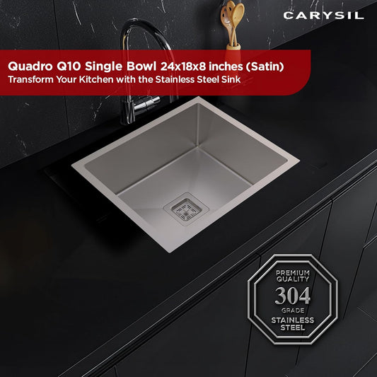 Carysil Micro Radius R10 Series Single Bowl Kitchen Sink, Stainless Steel Kitchen Sink, 10mm Corner Radius, 304 Stainless Steel Coupling, Noise Reduction Design, Deep Bowl with Sloping Drain, 24x18x8 inches, Satin Finish