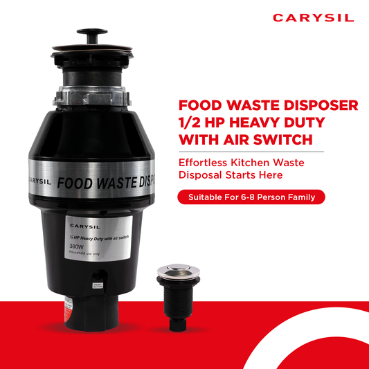 Carysil Food Waste Disposer for Home Sink, 1/2 HP Heavy Duty with Air Switch, Ideal for 5-7 Person Family, Powerful 2500 RPM DC Motor with Low Noise, Corrosion-Proof & Stainless Steel Grinding Components, Fits Under The Kitchen Sink, Black