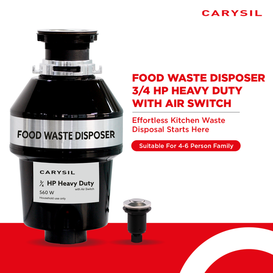 Carysil Food Waste Disposer for Home Sink, 3/4 HP Heavy Duty with Air Switch, Ideal for 8-12 Person Family, Powerful 2500 RPM DC Motor with Low Noise, Corrosion-Proof & Stainless Steel Grinding Components, Fits Under The Kitchen Sink, Black