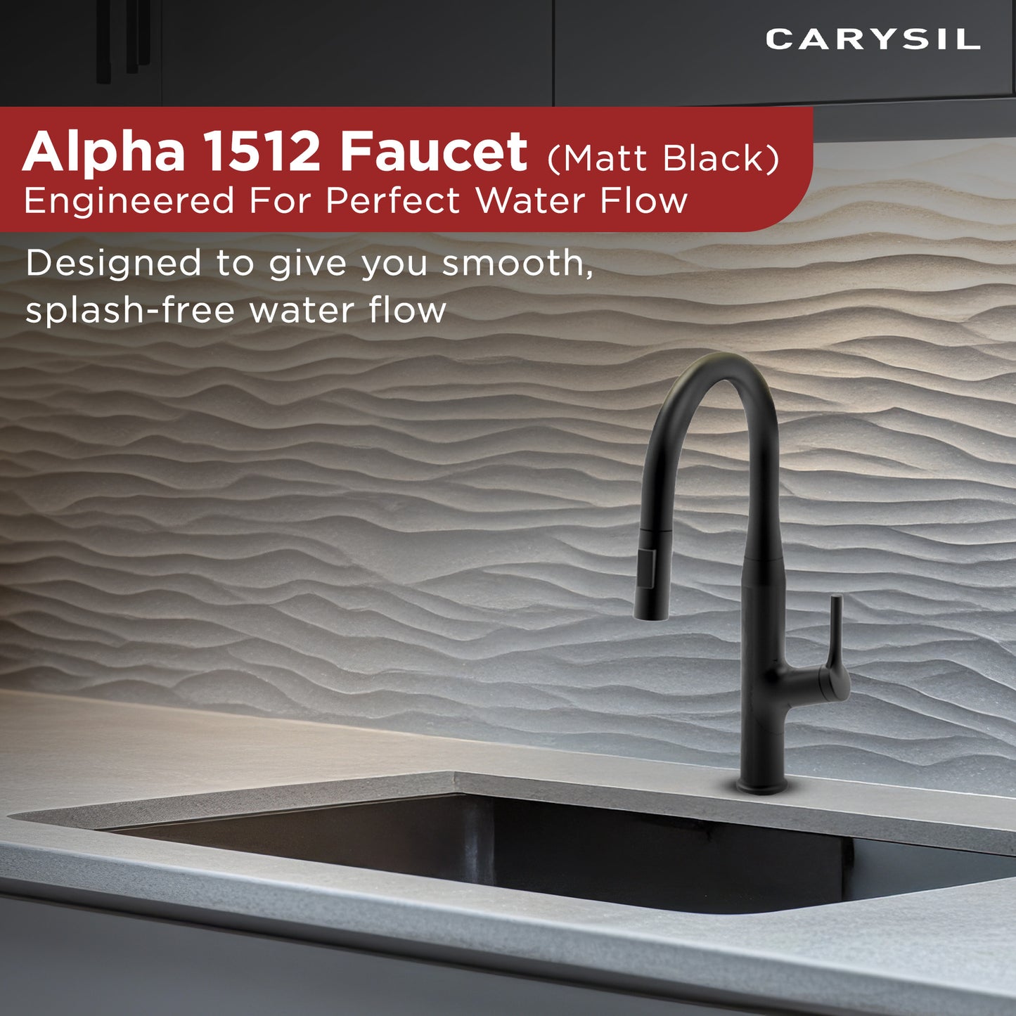Carysil Alpha 1512 Modern Kitchen Faucet with Pull-Out Spray, High Arc with 360-Degree Swivel, Single-Lever Handle for Hot/Cold Water, Matt Black Finish, 5-Year Warranty