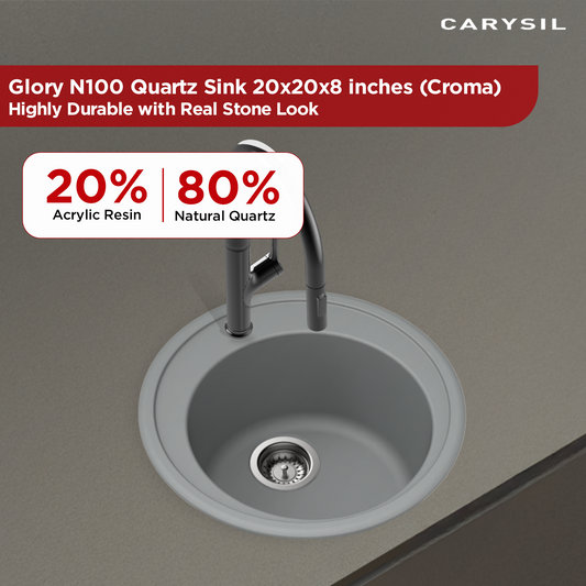 Carysil Quartz Glory N100 Single Bowl Kitchen Sink, Real Stone Finish, 304 Stainless Steel Coupling, Kitchen Sink with Sloping Drain, Noise Reduction Design, 20x20x8 inches, Croma