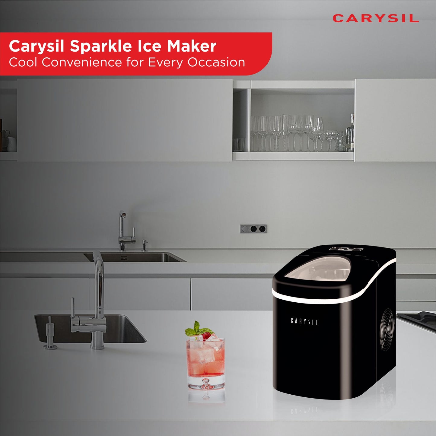 Carysil Sparkle Portable Compact Countertop Ice Maker, Makes 9 Ice Cubes Per Cycle, 12kg/24h Quick Ice Production, SS Finish with Ice Scoop, User-Friendly Control Panel for Home, Office & Outdoor Use