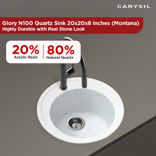 Carysil Quartz Glory N100 Single Bowl Kitchen Sink, Real Stone Finish, 304 Stainless Steel Coupling, Kitchen Sink with Sloping Drain, Noise Reduction Design, 20x20x8 inches, Montana