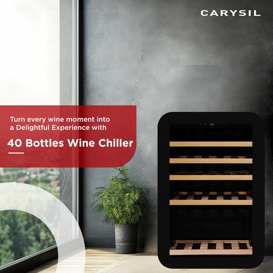 Carysil 40-Bottle Retro Wine Chiller, Free Standing, Single Zone Static Cooling (3°C-20°C), Manual Temperature Control, Toughened Glass Door, Compact and Stylish, Ideal for Home