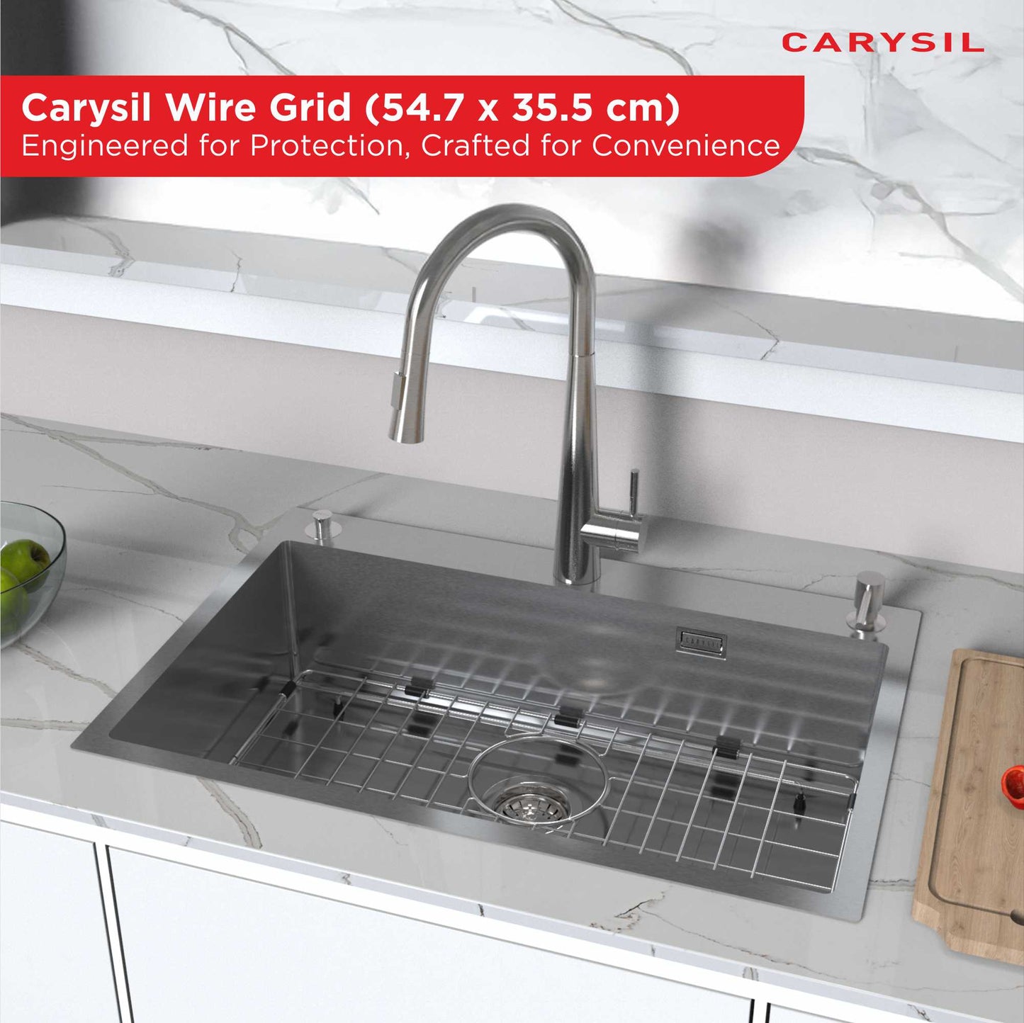 Carysil Wire Grid for Kitchen Sink, 304-Grade Stainless Steel, Metal Dish Drying Rack, Self Draining, Prevents Sliding, Kitchen Sink Accessories, 54.7x35.5x2.96 cm