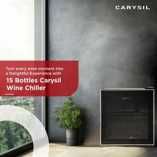 Carysil 15-Bottle Wine Chiller, Free Standing, Single Cooling Zone (5°C-20°C), Manual Temperature Control, Toughened Glass Door, Compact and Stylish, Ideal for Home