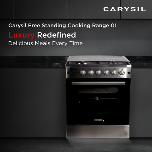 Carysil Free-Standing Cooking Range FSCR-01, 62L Gas Oven, 4 High-Power Italian SABAF Burners, Cast Iron Support, Digital Timer, Cooking, Baking, Grilling & Roasting, Stainless Steel Body, Silver