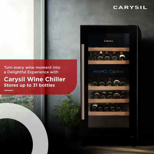 Carysil Wine Chiller, Stores up to 31 Bottles, Free Standing, Dual Cooling Zone (3°C-12°C White Wine & 12°C-20°C Red Wine), Adjustable Wooden Shelves with Toughened Glass Door, LED Display, Ideal for Home