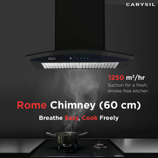 Carysil Rome 60 cm Kitchen Chimney, Curved Shape, 1250 m³/hr Suction Capacity, Baffle Filter, BLDC Silent Motor, A-Energy Class, 9-Speed Touch Control, LED Lamp, Lifetime Warranty
