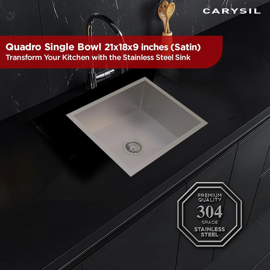Carysil Quadro Series Zero Radius Single Bowl Kitchen Sink, Stainless Steel Kitchen Sink, 304 Coupling, Noise Reduction Design, Deep Bowl with Sloping Drain, 21x18x9 inches, Satin Finish