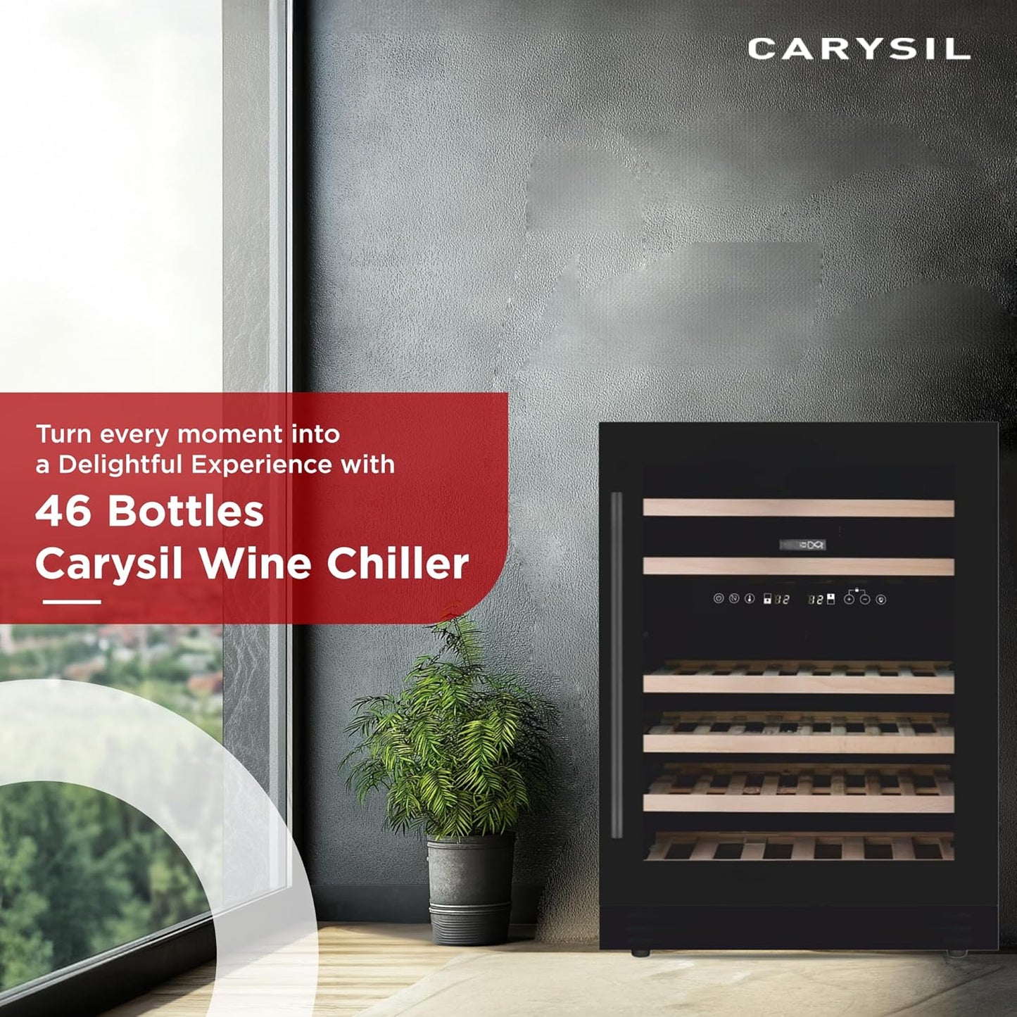Carysil 46-Bottle Wine Chiller, Free Standing, Dual Cooling Zone (5°C-12°C White Wine & 12°C-20°C Red Wine),  Adjustable Wooden Shelves with Toughened Glass Door, LED Display, Ideal for Home