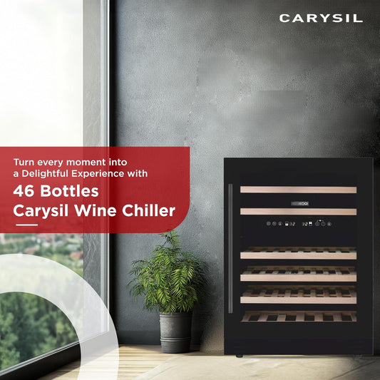 Carysil 46-Bottle Wine Chiller, Free Standing, Dual Cooling Zone (5°C-12°C White Wine & 12°C-20°C Red Wine),  Adjustable Wooden Shelves with Toughened Glass Door, LED Display, Ideal for Home
