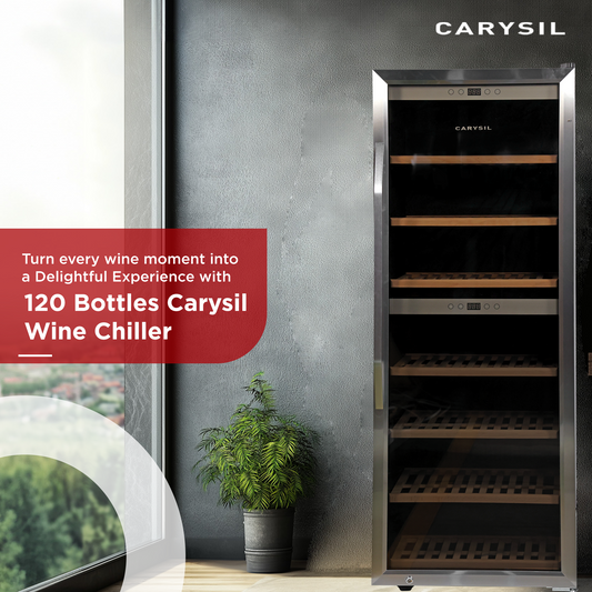 Carysil 120-Bottle Wine Chiller, Free Standing, Dual Cooling Zone (3°C-12°C White Wine & 12°C-20°C Red Wine), Adjustable Wooden Shelves with Toughened Glass Door, LED Display, Ideal for Home