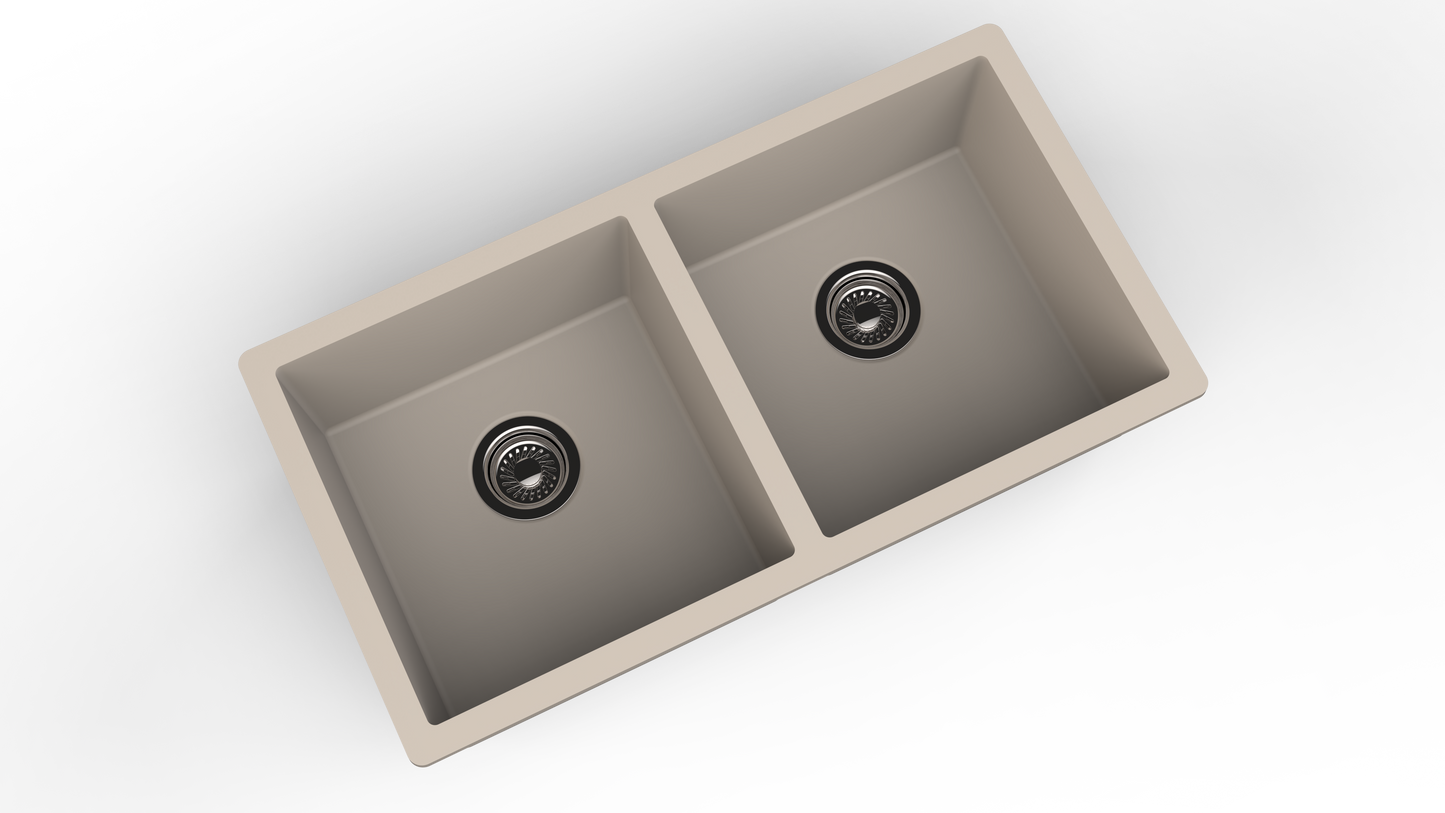 Carysil Quartz Dolce UK Series Double Bowl Kitchen Sink, Real Stone Finish, 304 Stainless Steel Coupling, Kitchen Sink with Sloping Drain, Noise Reduction Design, 34x18x8 inches, Cream