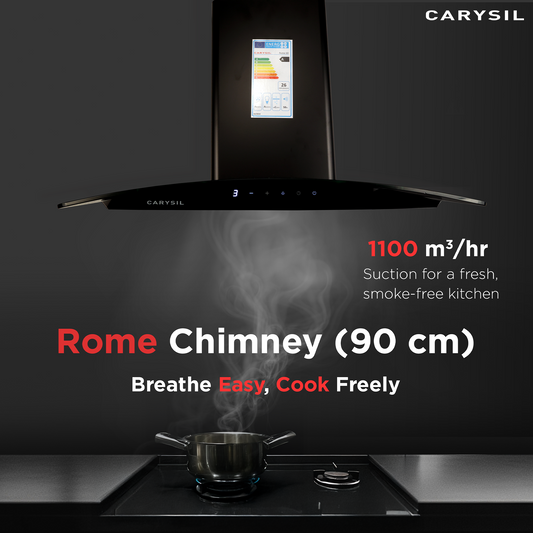 Carysil Rome 90 cm Kitchen Chimney, Curved Shape, 1100 m³/hr Suction Capacity, Baffle Filter, BLDC Silent Motor, A-Energy Class, 3-Speed Touch Control, LED Lamp, 12-year Motor Warranty