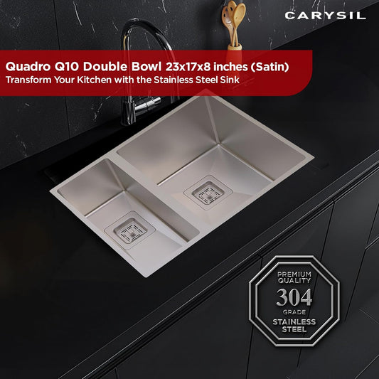 Carysil Micro Radius R10 Series Double Bowl Kitchen Sink, Stainless Steel Kitchen Sink, 10mm Corner Radius, 304 Stainless Steel Coupling, Noise Reduction Design, Deep Bowl with Sloping Drain, 23x17x8 inches, Satin Finish